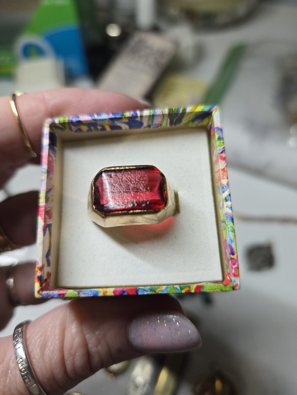 Vintage Gold Filled Ring with Rectangular Red Stone - Women Jewelry